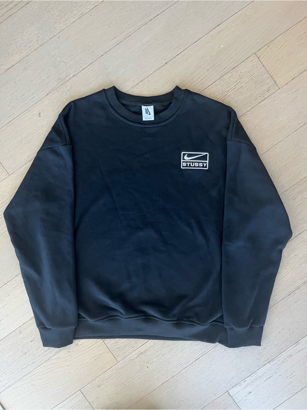 Nike x Stussy Black Crewneck Sweatshirt with White Logo Patch